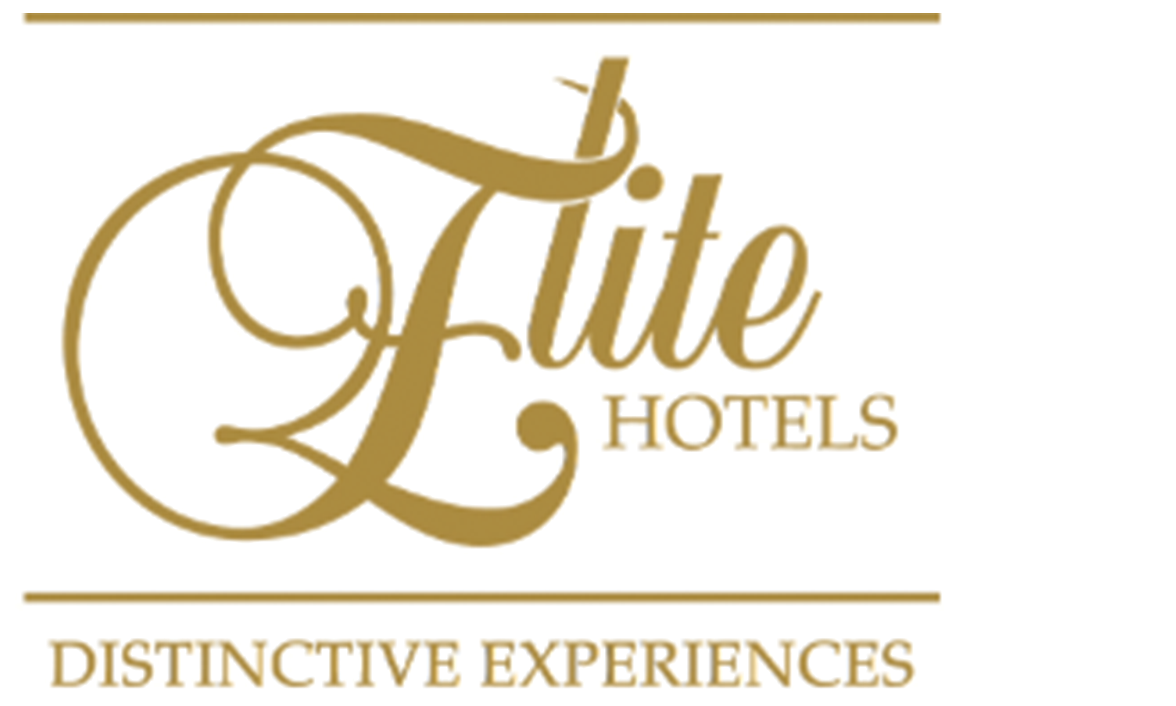 Logo showing the words Elite Hotels Distinctive Experiences in gold swirly lettering