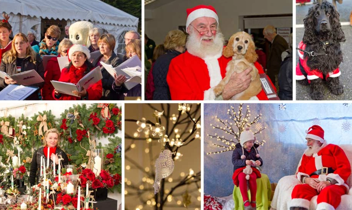 Montage image of Christmas scenes at the market, with carol singers and santa holding a dog