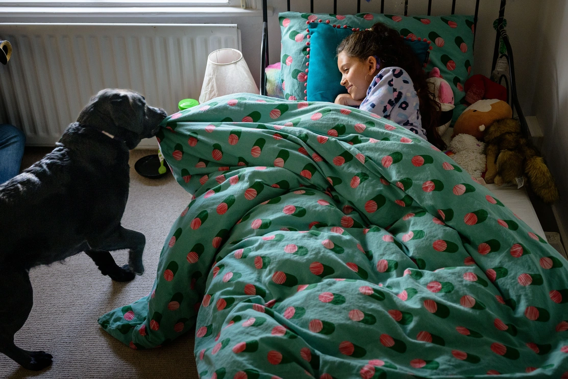 A young girl’s room where the girl is in bed and a black labrador is pulling the patterned duvet cover off the girl while she smiles at the dog