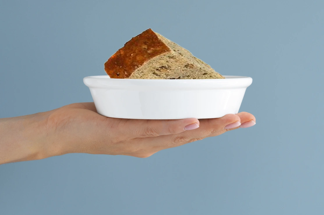  A hand holding up a white dog owl containing square serving of grey brown cake which is darker on the top, the background is teal colour
