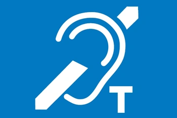 White hearing loop symbol on a blue background
