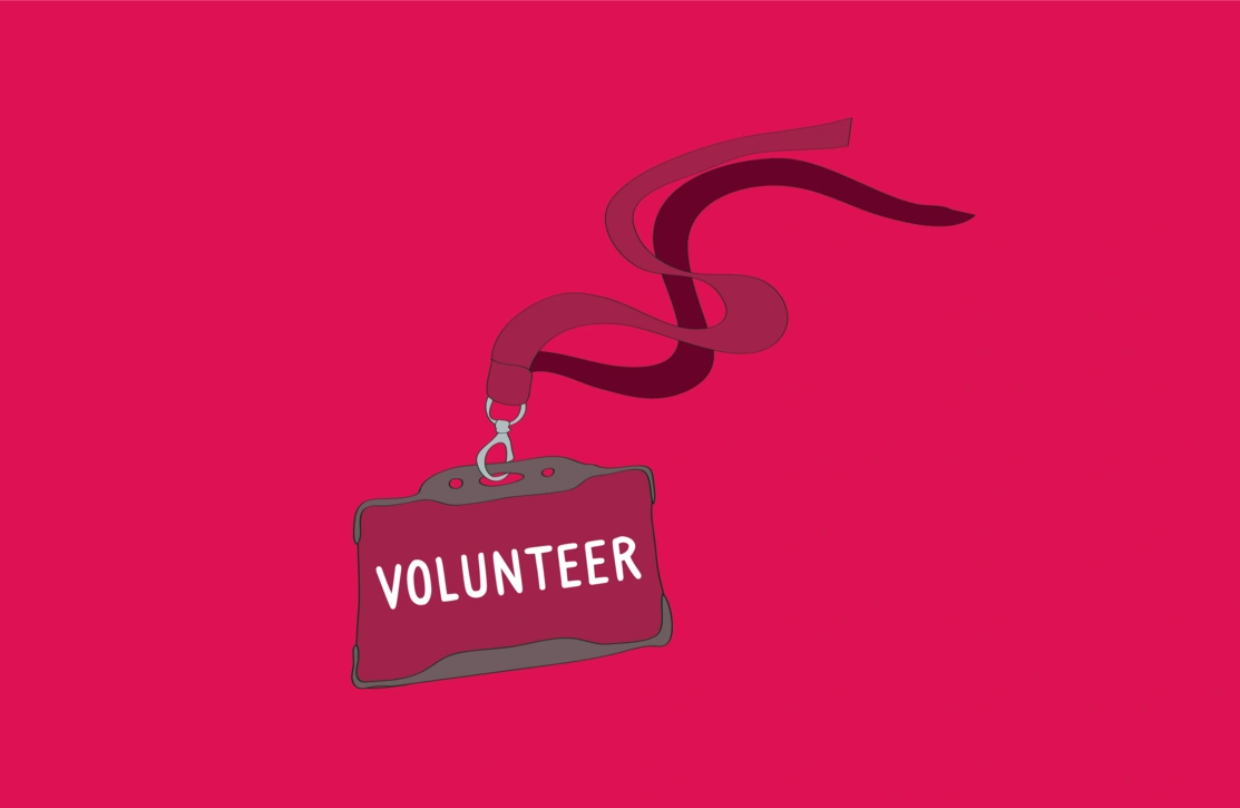 Hand-drawn illustration of a lanyard with a card that says ‘Volunteer’ on it