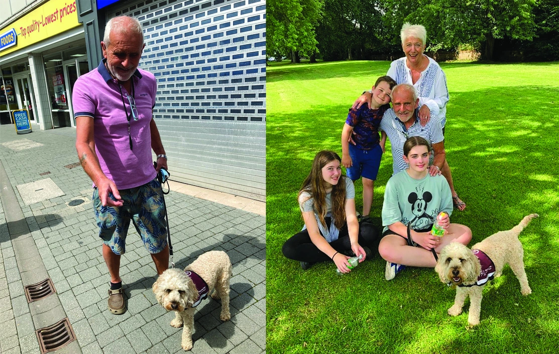 Two image montage of Peter walking down a high street with hearing dog Arya on a lead next to him and Peter on grass with his family smiling and laughing