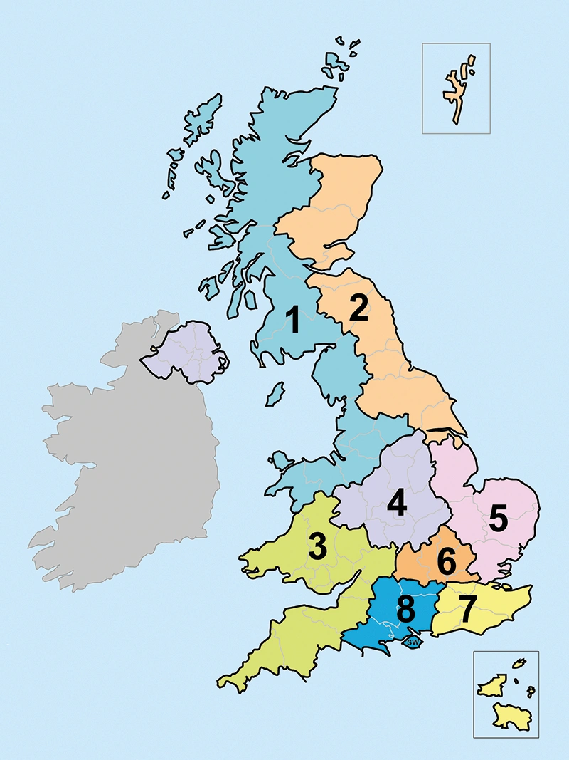 Map of the UK and Ireland showing different areas in different colours with numbers next to them corresponding to the information on the page