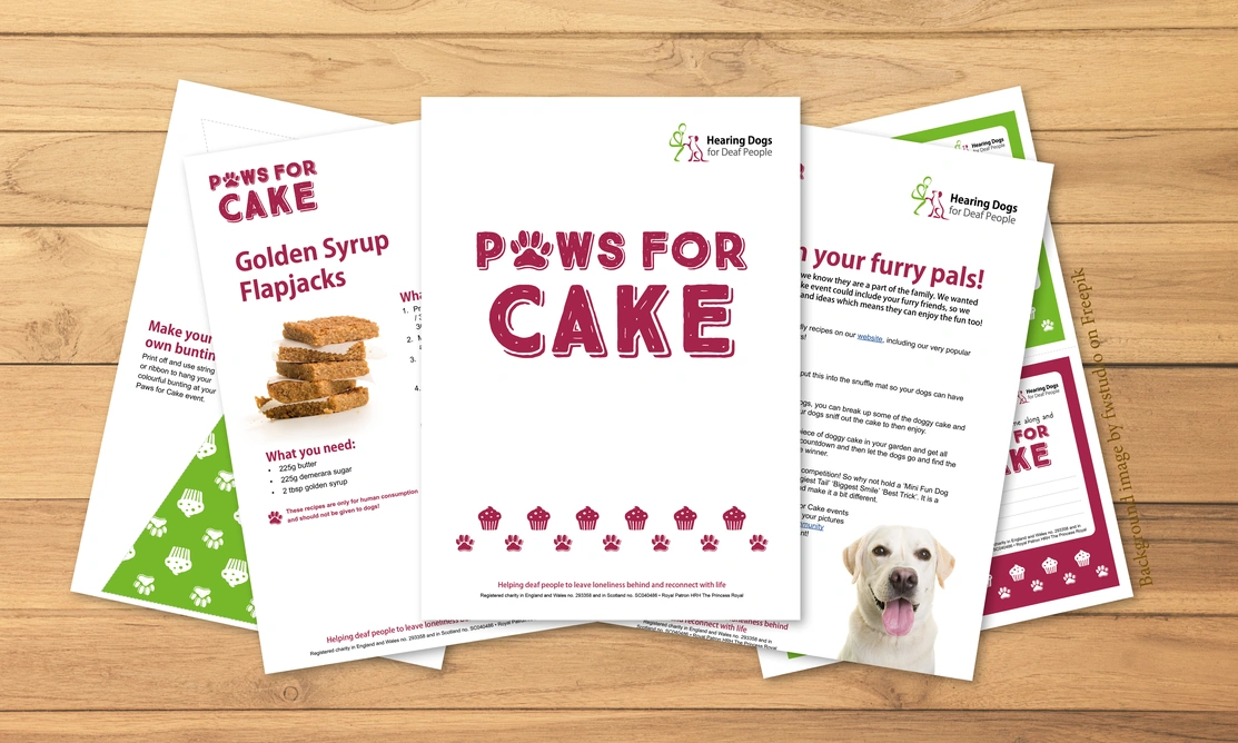 Pages of the Paws for Cake fundraising pack laid out on a table showing a recipe, bunting and invite templates