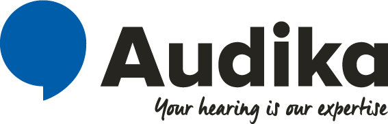 Logo of small blue speech bubble with the words Audika Your hearing is our expertise next to it
