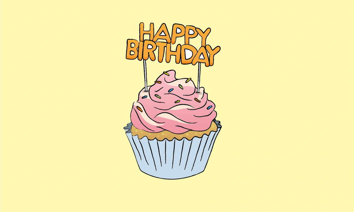 Illustration of a cupcake with a cake topper saying Happy Birthday