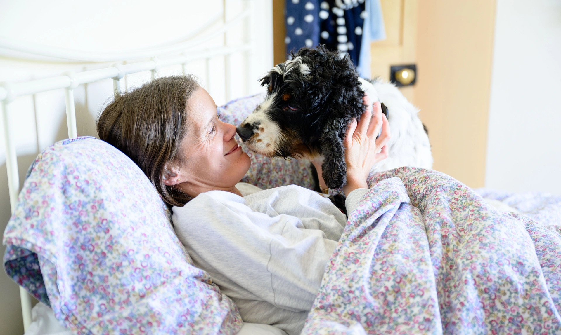 A woman lying in bed, she is smiling at a black and white Cocker Spaniel who is leaning over her, their noses are touching