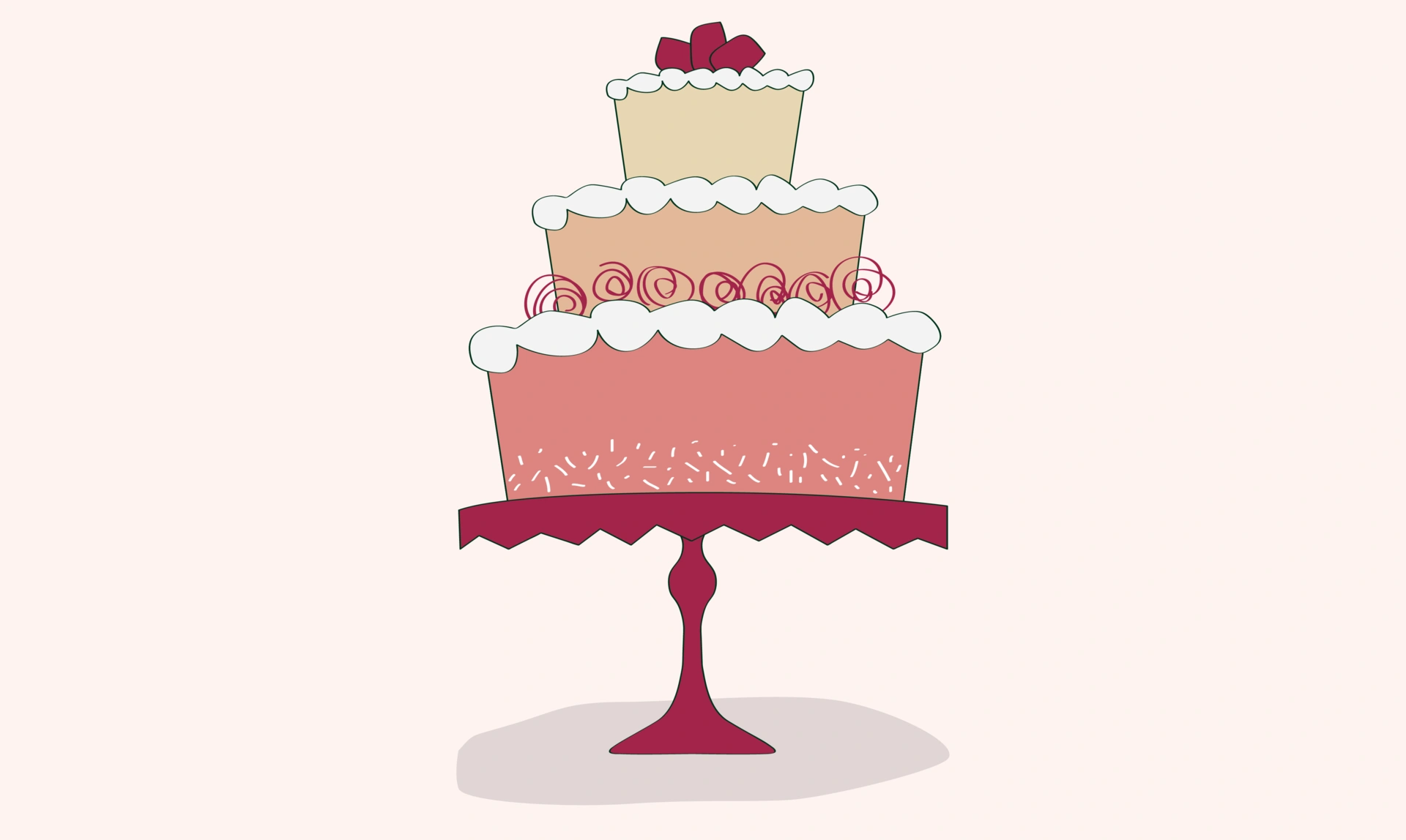 Hand-drawn illustration of a 3 tier cake with fruit and cream on a cake stand