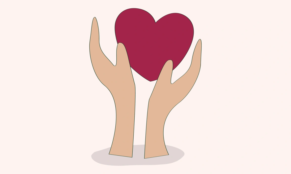 Hand-drawn illustration of pair of hands holding a red heart