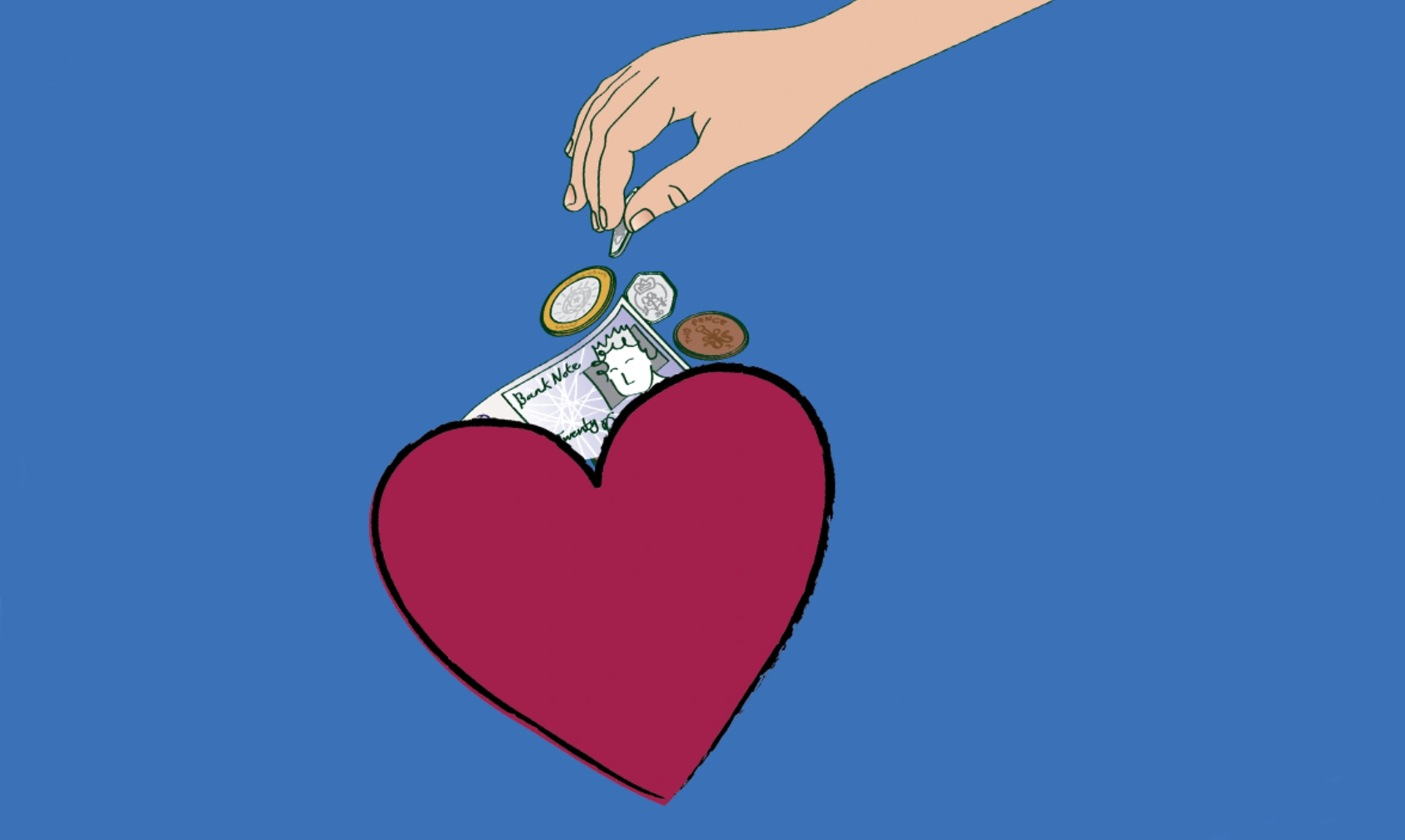 Illustration of hand paying money in to a heart