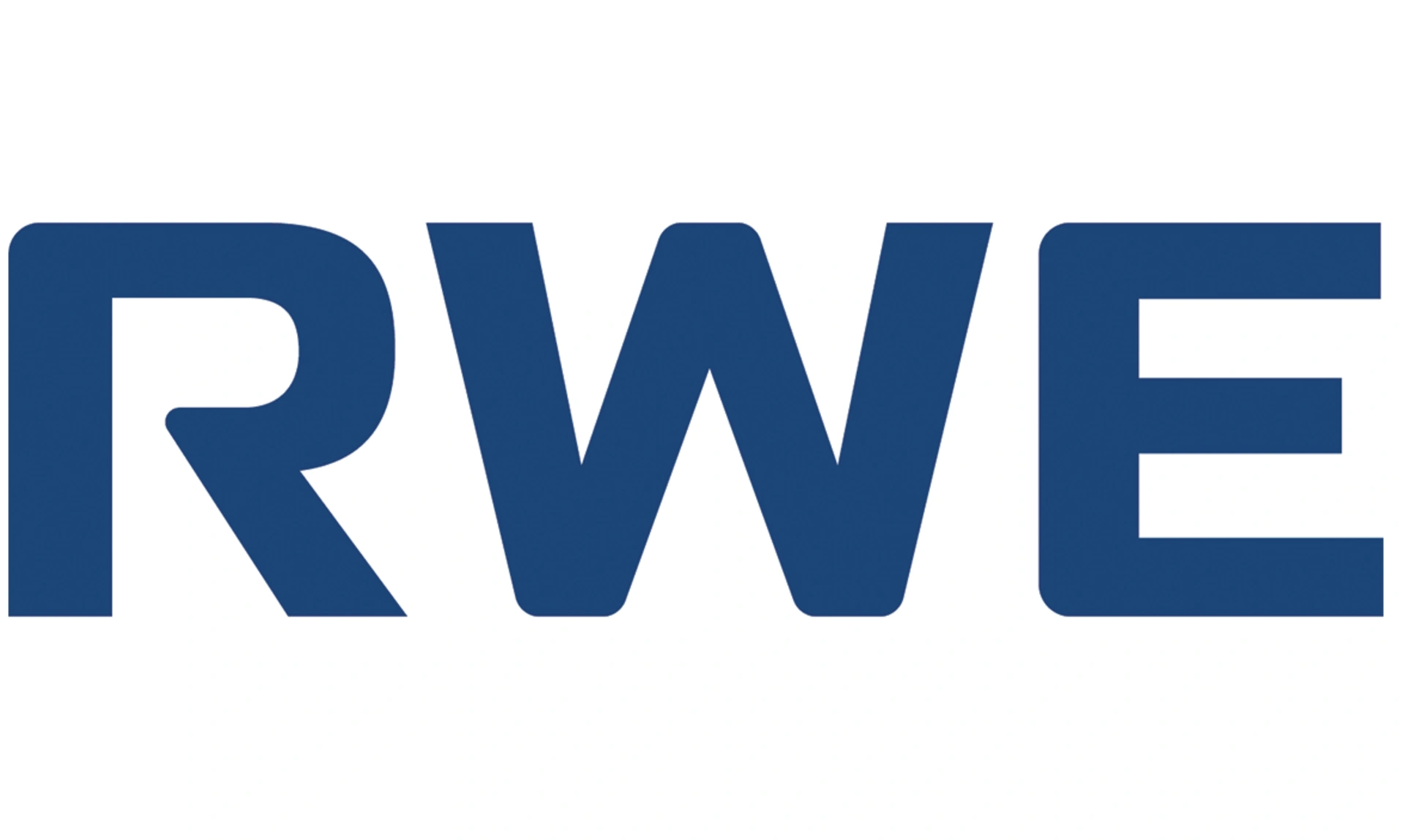 Logo that has the letters RWE is big blue bold capital letters