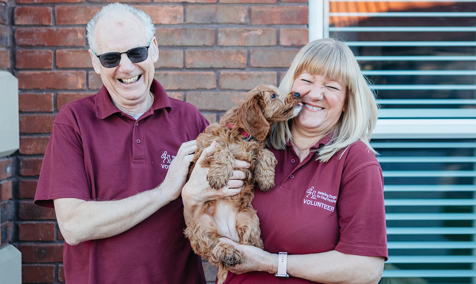 Two Hearing Dogs volunteers laughing and holding  a cockapoo puppy which is leaning towards the woman and trying to lick her face