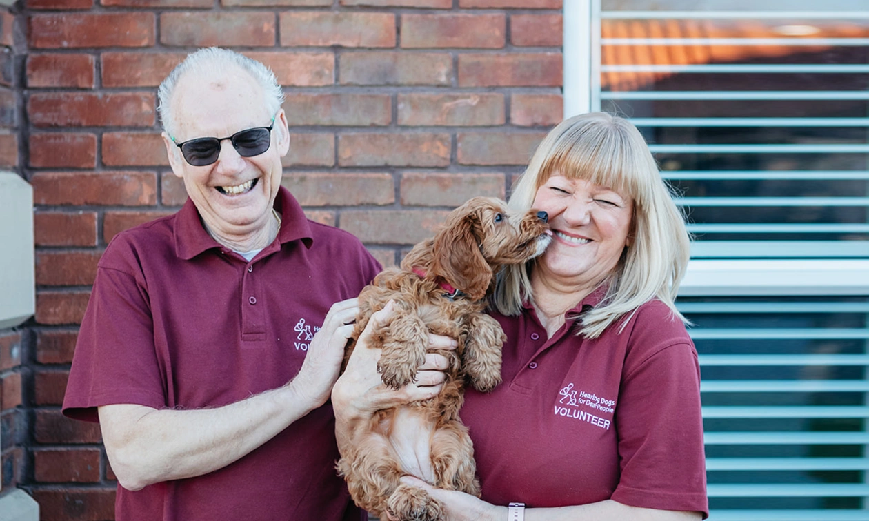 Two Hearing Dogs volunteers laughing and holding  a cockapoo puppy which is leaning towards the woman and trying to lick her face