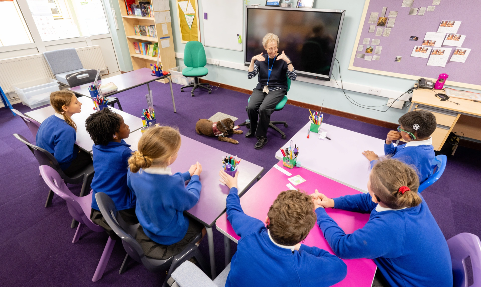 In a primary school classroom, pupils are seated at desks around a woman and a hearing dogs. The woman is signing.
