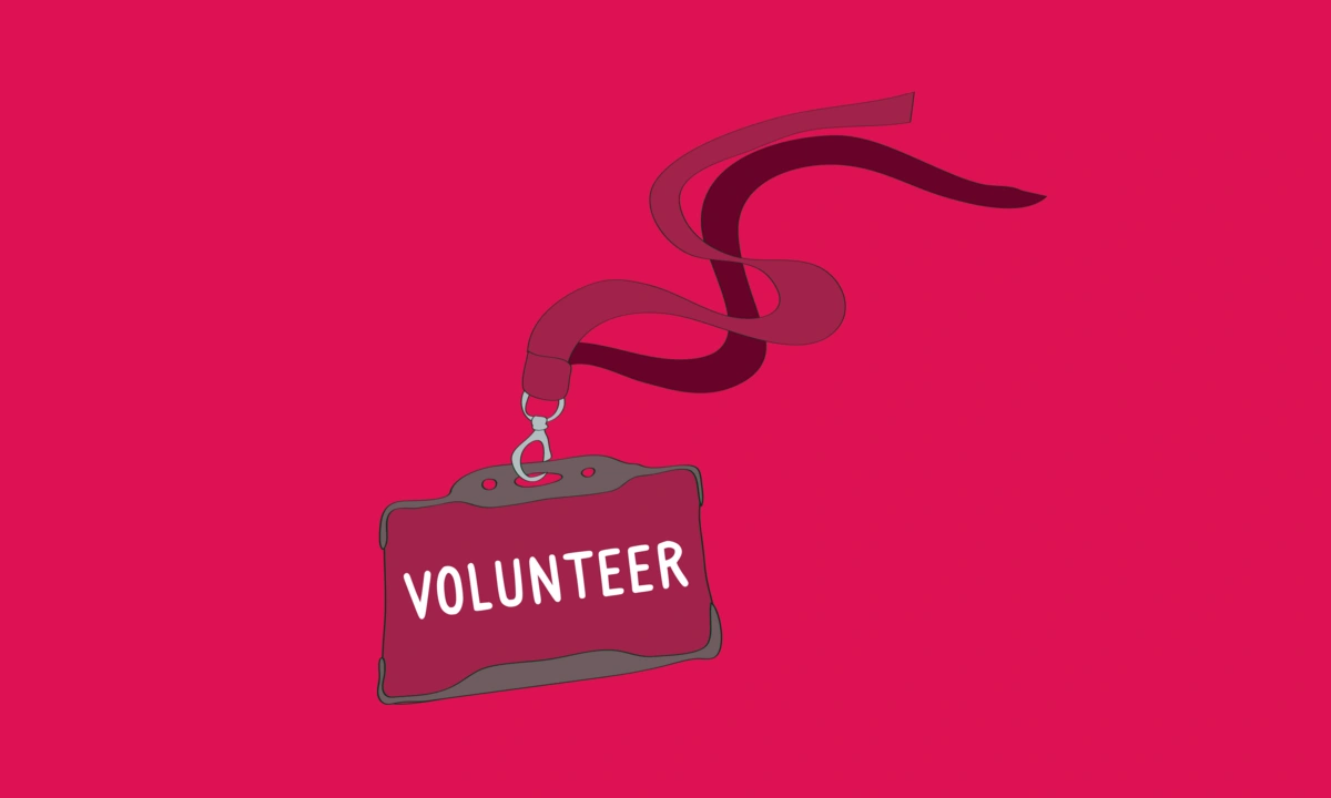 Hand-drawn illustration of a lanyard with a card that says ‘Volunteer’ on it