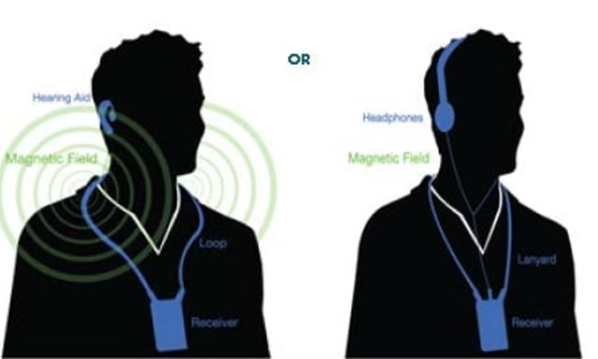 two silhouettes of a person wearing a loop listening device with magnetic impulses around them