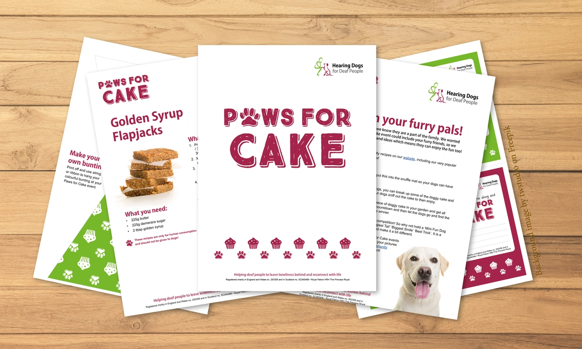 Pages of the Paws for Cake fundraising pack laid out on a table showing a recipe, bunting and invite templates