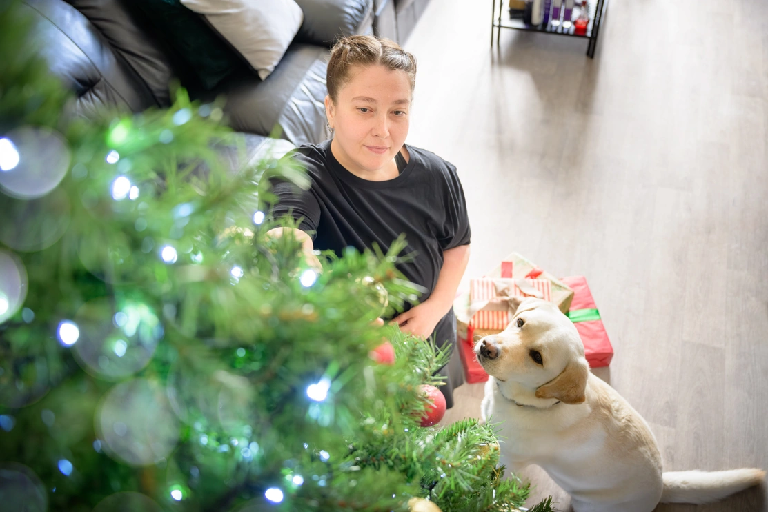 A photo taken, looking down from the top of a Christmas tree of a woman in a black shirt standing beside a light coloured dog, both looking up as she decorates the tree.