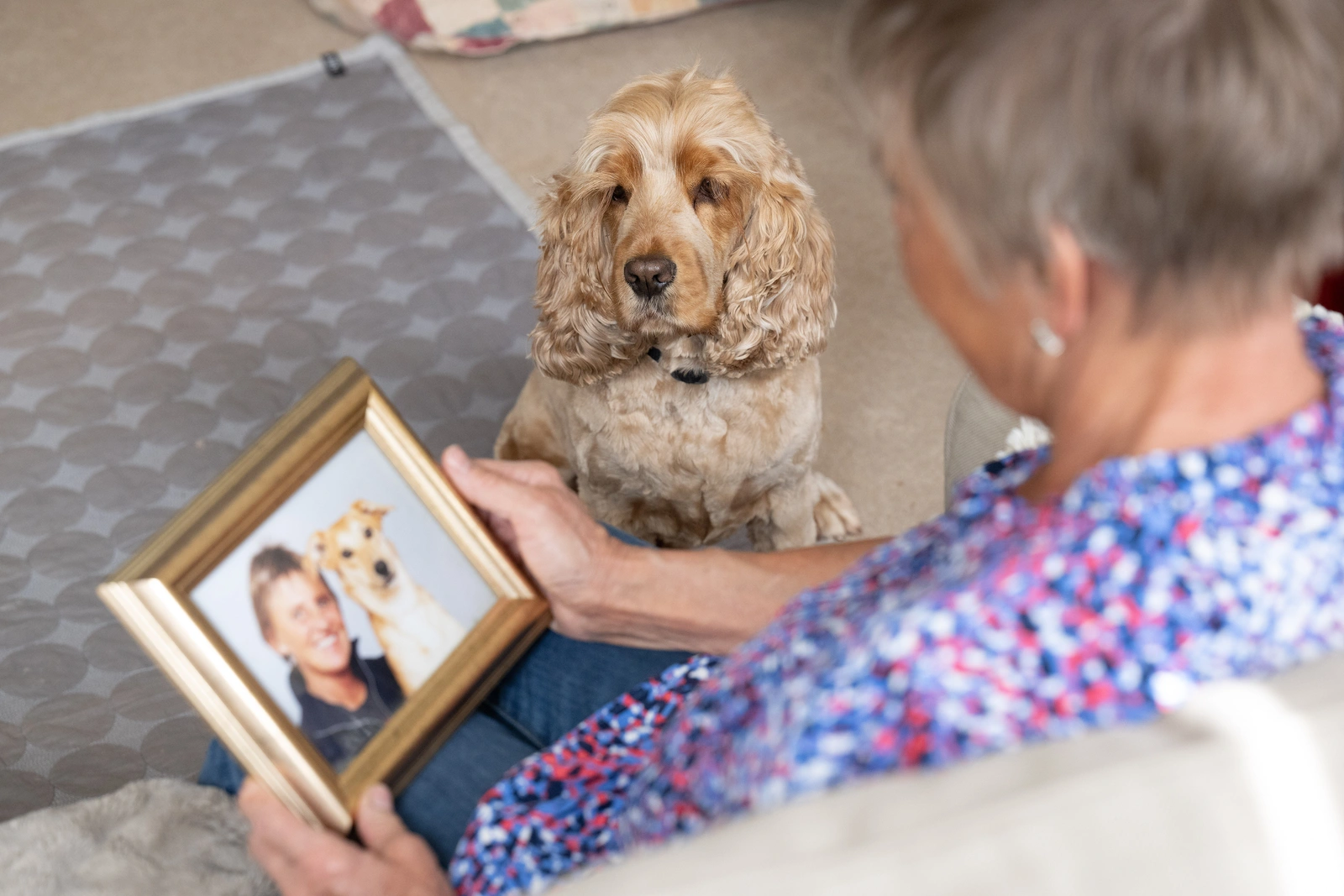 Kim is holding a framed photo of herself and Eva while Bear looks on