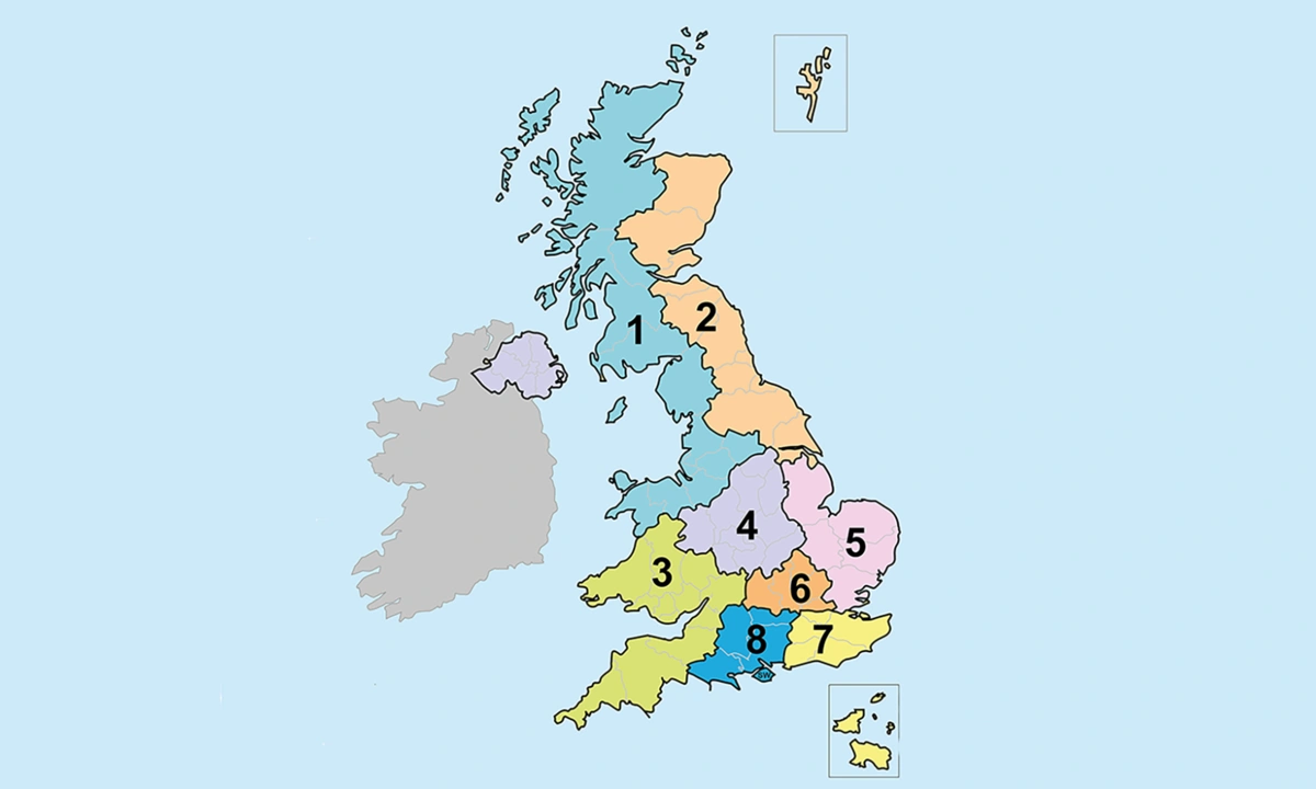 Map of the UK and Ireland showing different areas in different colours with numbers next to them corresponding to the information on the page