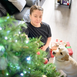 A photo taken, looking down from the top of a Christmas tree of a woman in a black shirt standing beside a light coloured dog, both looking up as she decorates the tree.